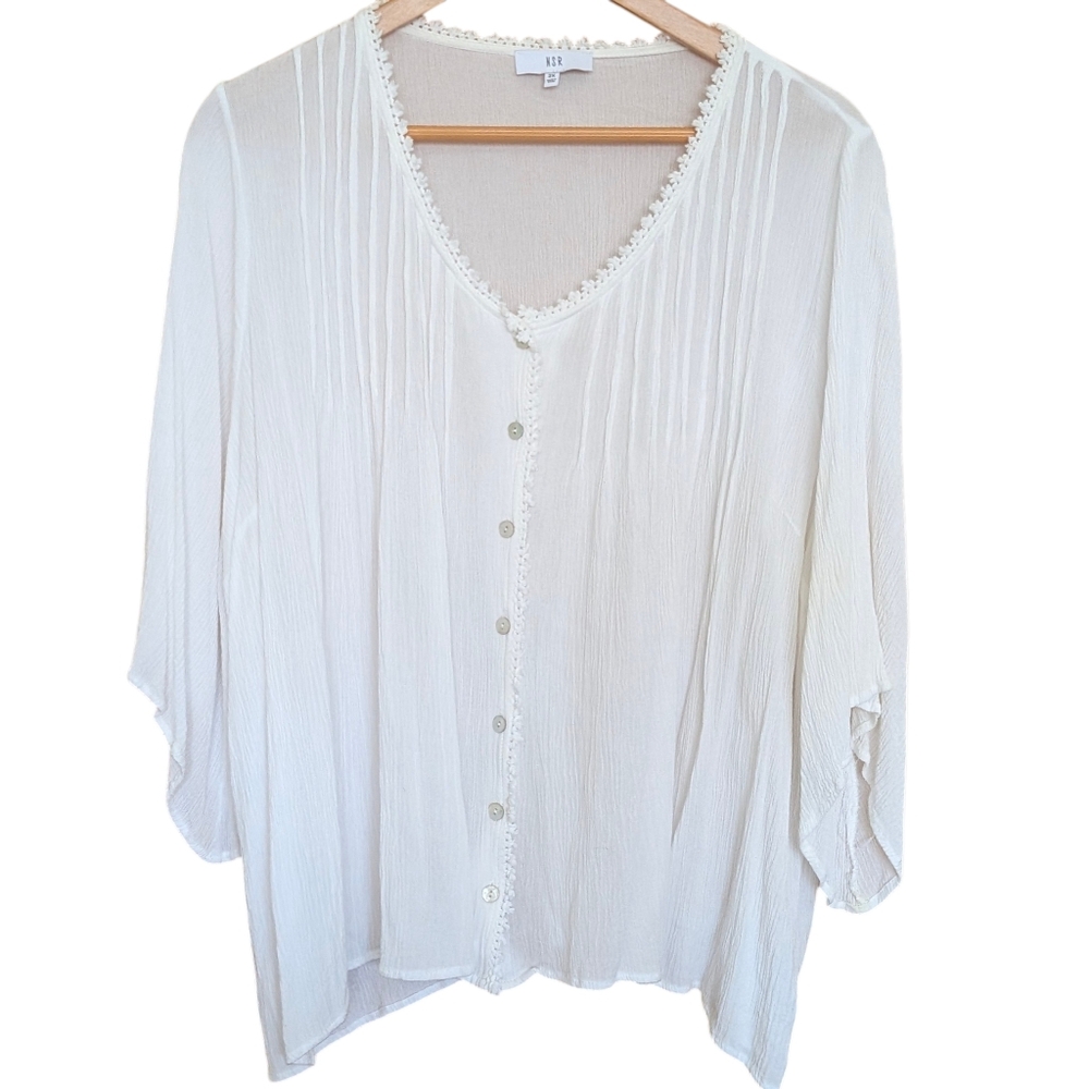 NSR White Button-Front Blouse 2X Kimono Sleeve Flowy Fairy Cottagecore Boho